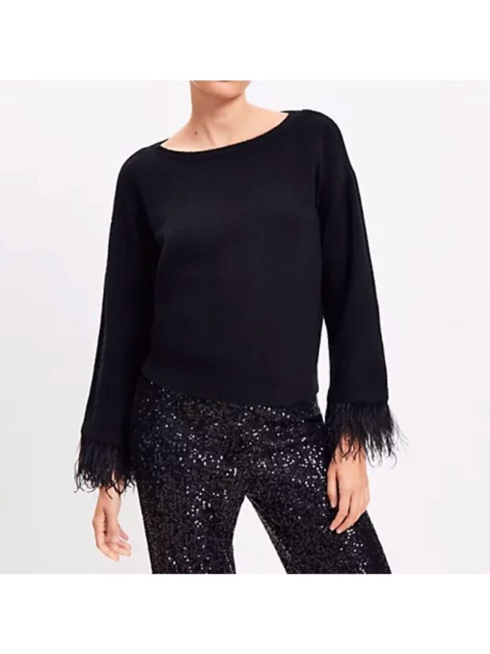 Ann Taylor Feathered Cuff Boatneck Sweater Size S Black